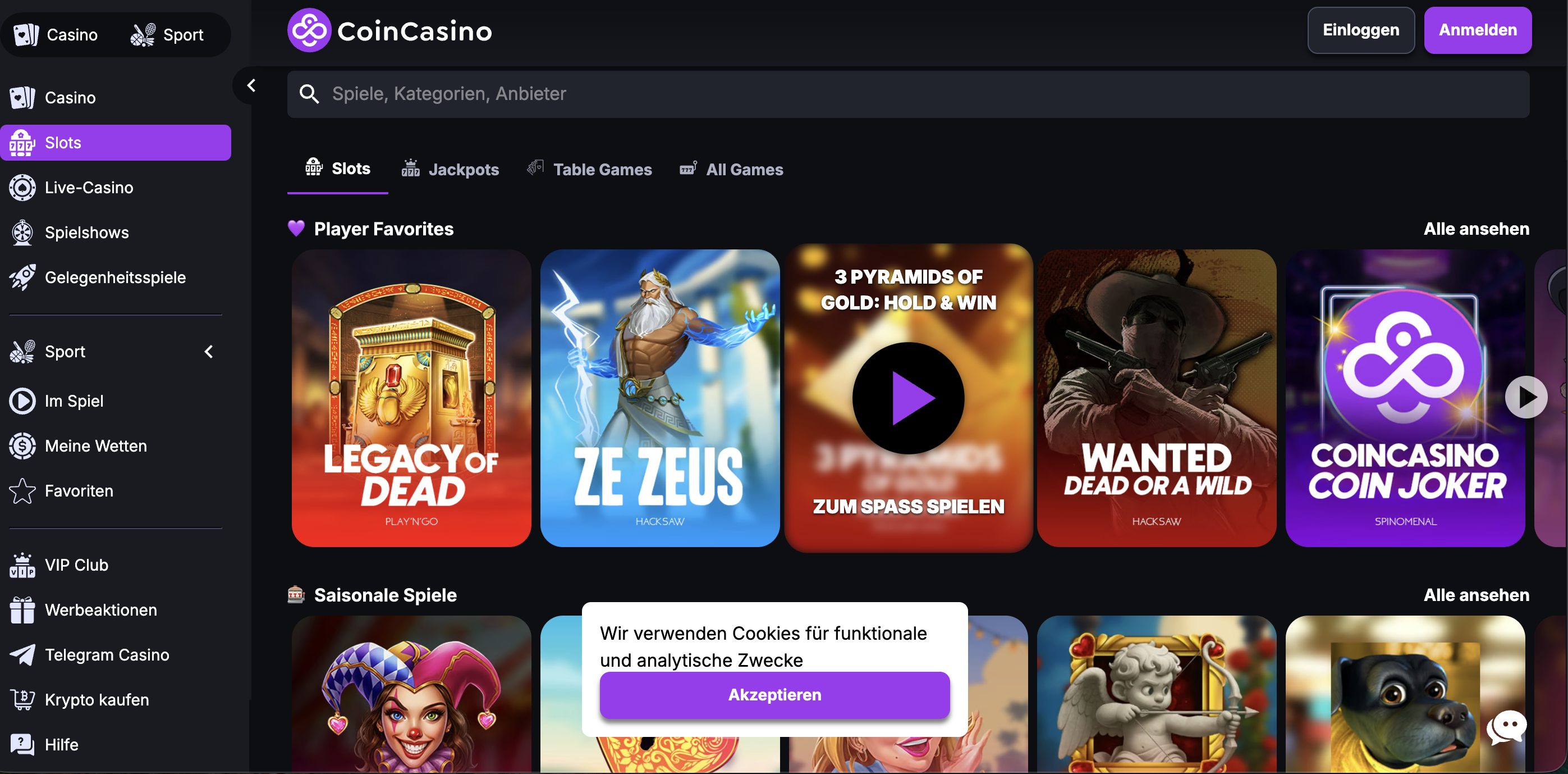 CoinCasino Lobby und Spiele